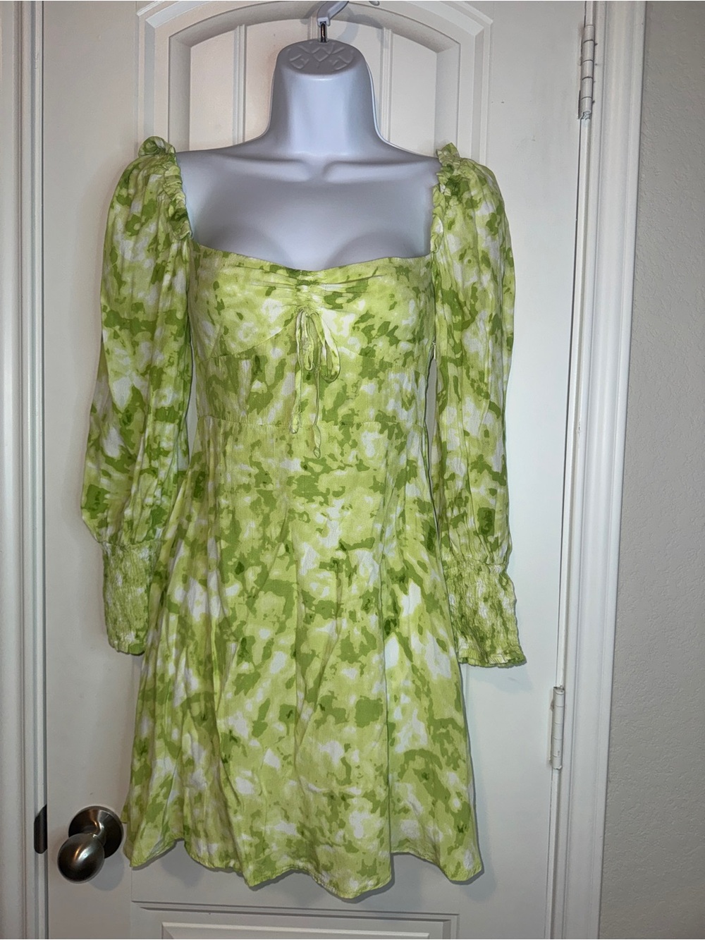 Like green Tie-Dye Puff-Sleeve Mini Dress fairy Cottagecore dopamine festival